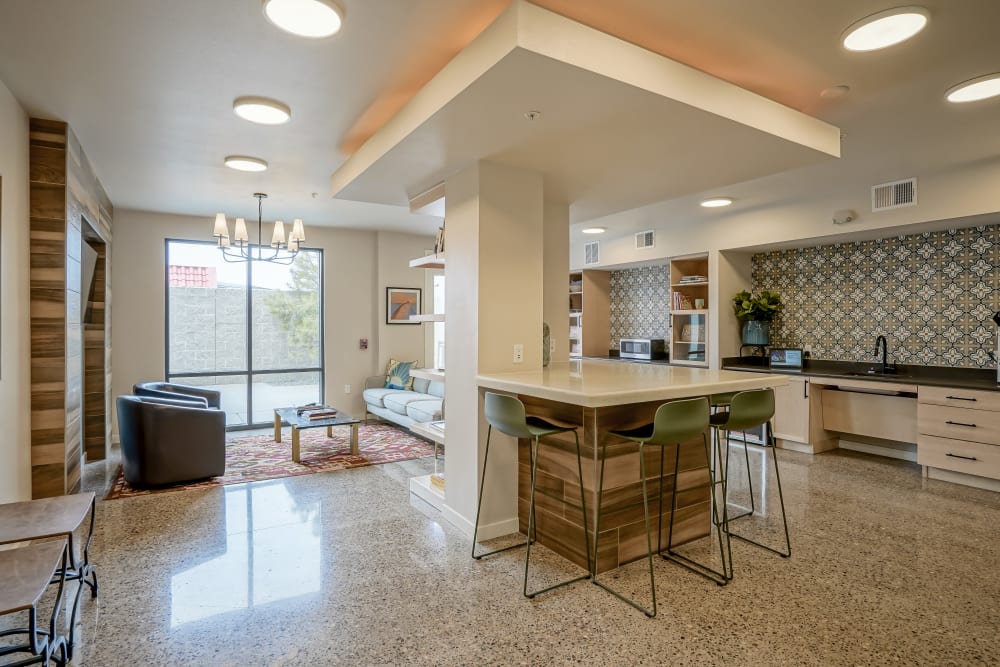 Clubhouse with bar seating at Capitol Flats in Santa Fe, New Mexico