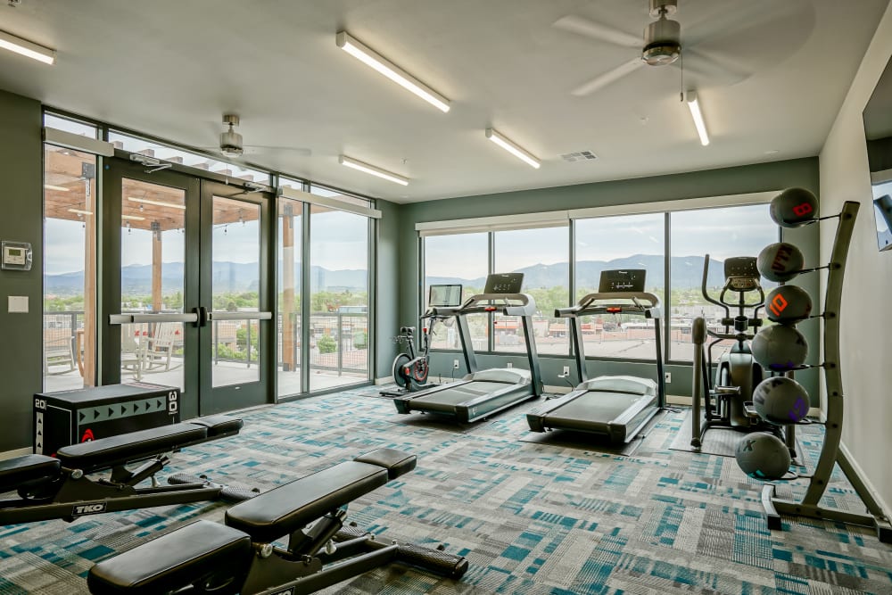 Well-equipped fitness center with a gorgeous view at Capitol Flats in Santa Fe, New Mexico