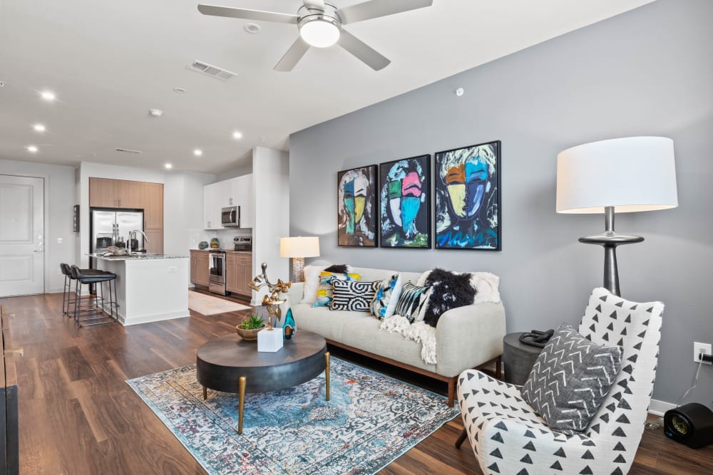 Living room and kitchen at Linden Ranch in Sachse, Texas