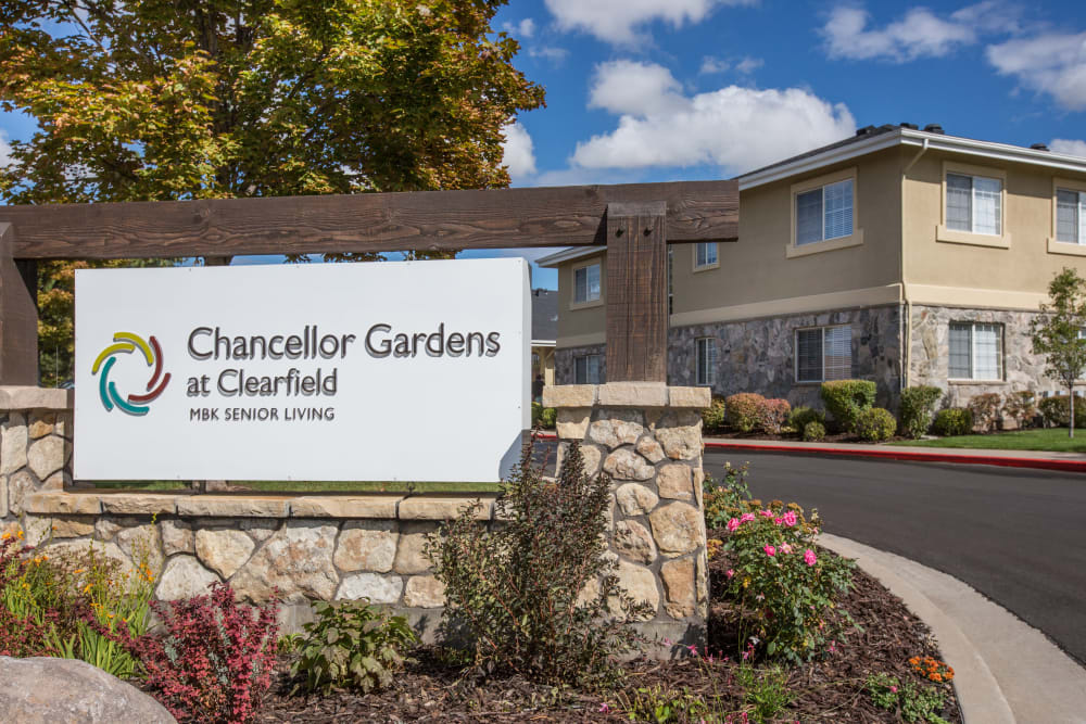 Cheerful signage at Chancellor Gardens in Clearfield, Utah