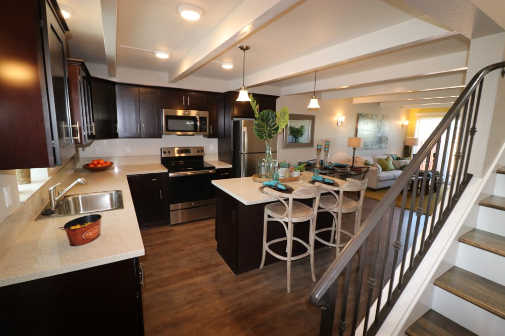 Spacious townhome with kitchen island at Ramblewood Apartment Homes in Fremont, California