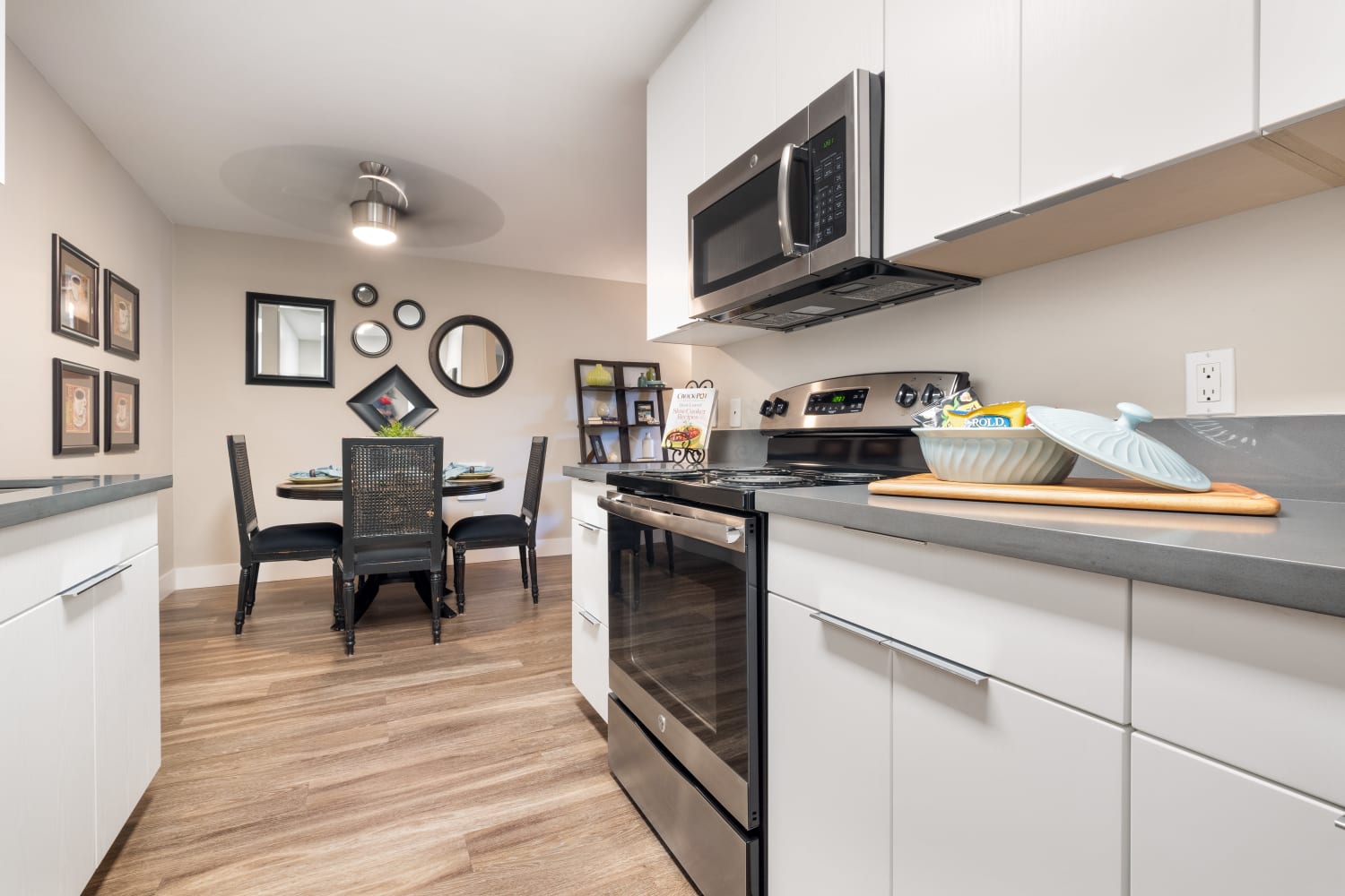 New kitchen with white cabinets at Harbor Cove Apartments in Foster City, California