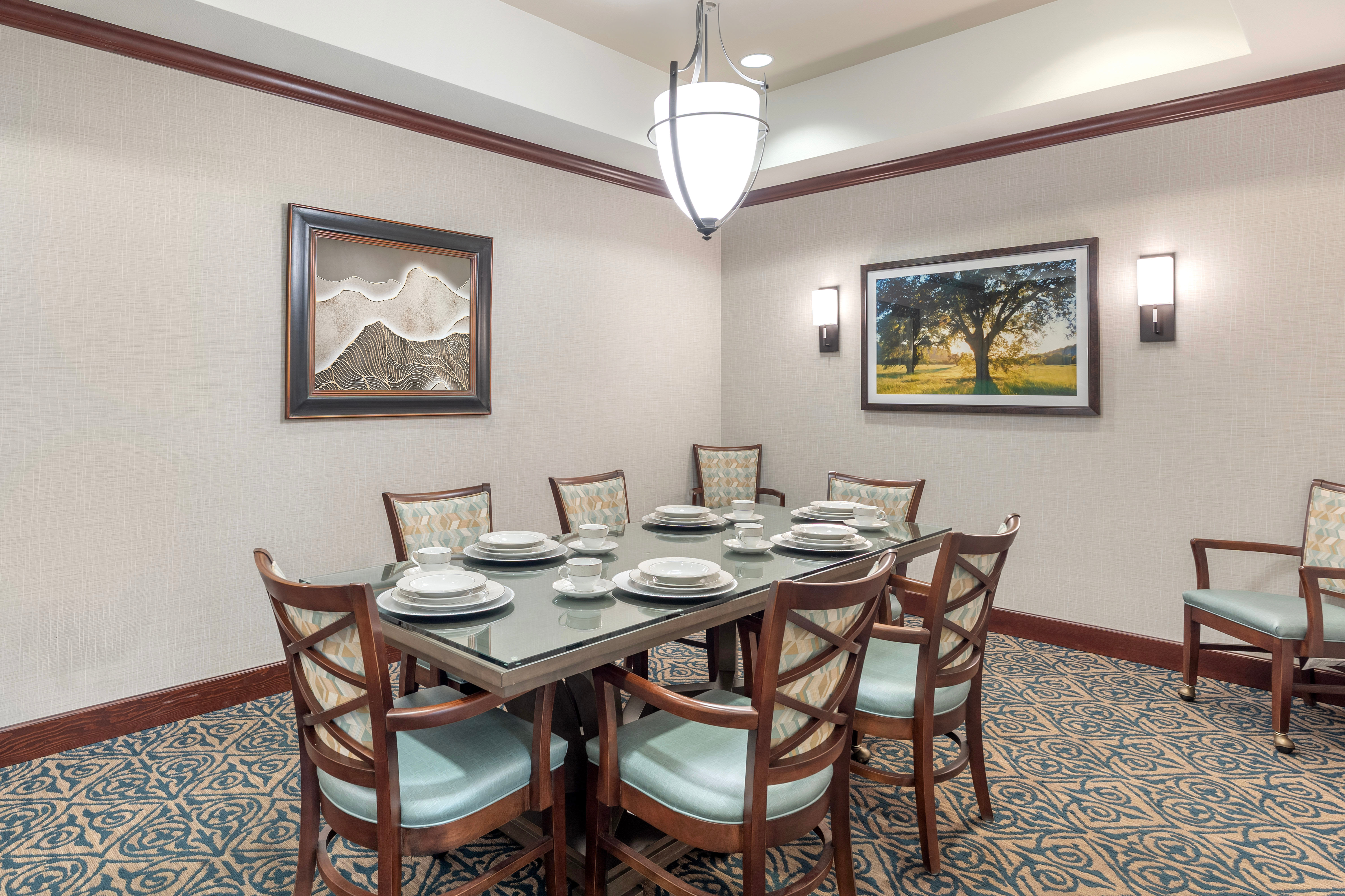 Well lit dining table at The Creekside in Woodinville, Washington