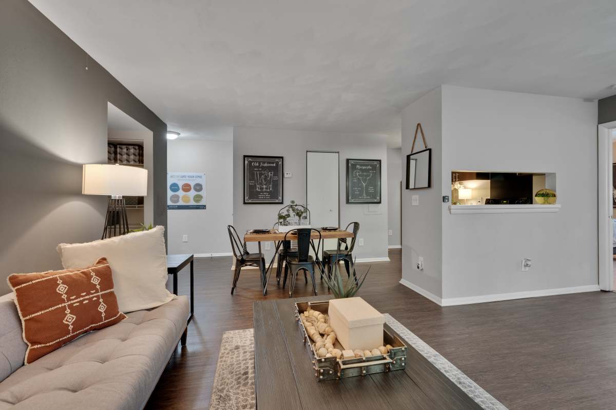 Living room and dining space in the apartment at Lake Lynn Reserve Apartments, Raleigh, North Carolina
