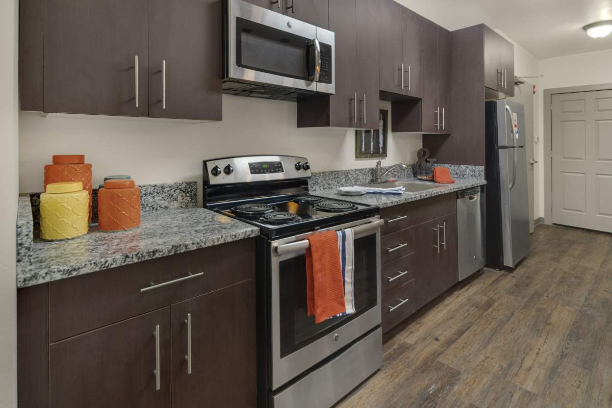 Kitchen with energy efficient appliances at Chenango Place in Binghamton, New York