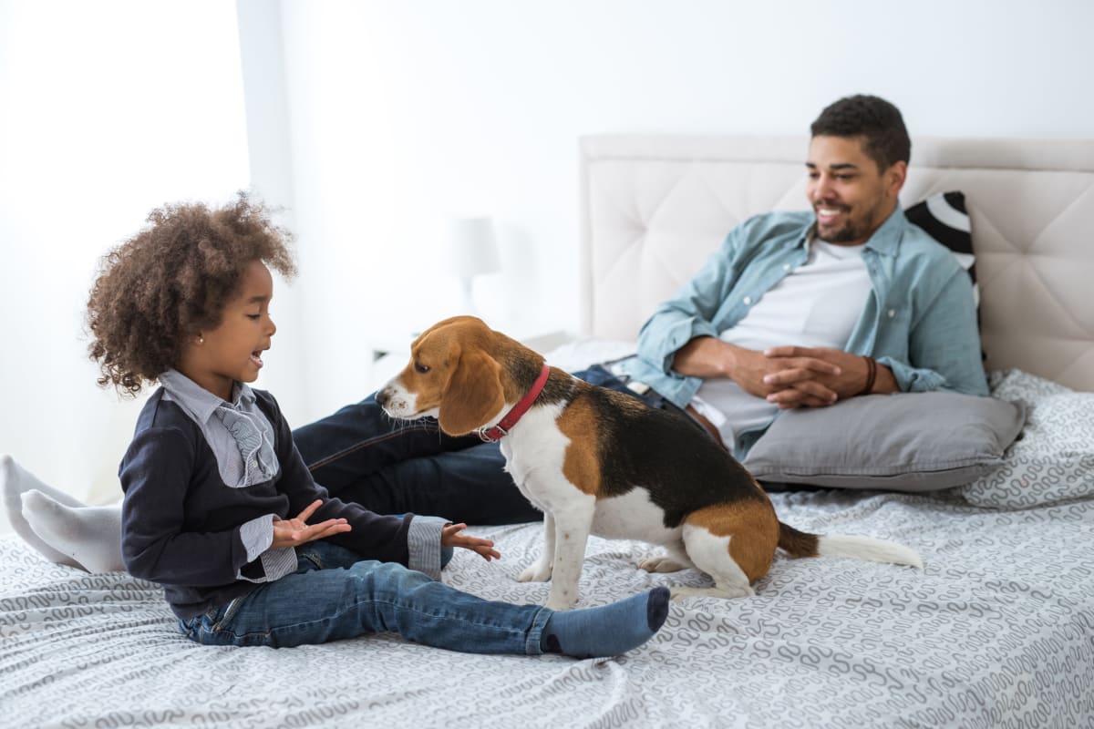 Family sitting on their bed with their dog at Country Glenn in Grand Island, New York