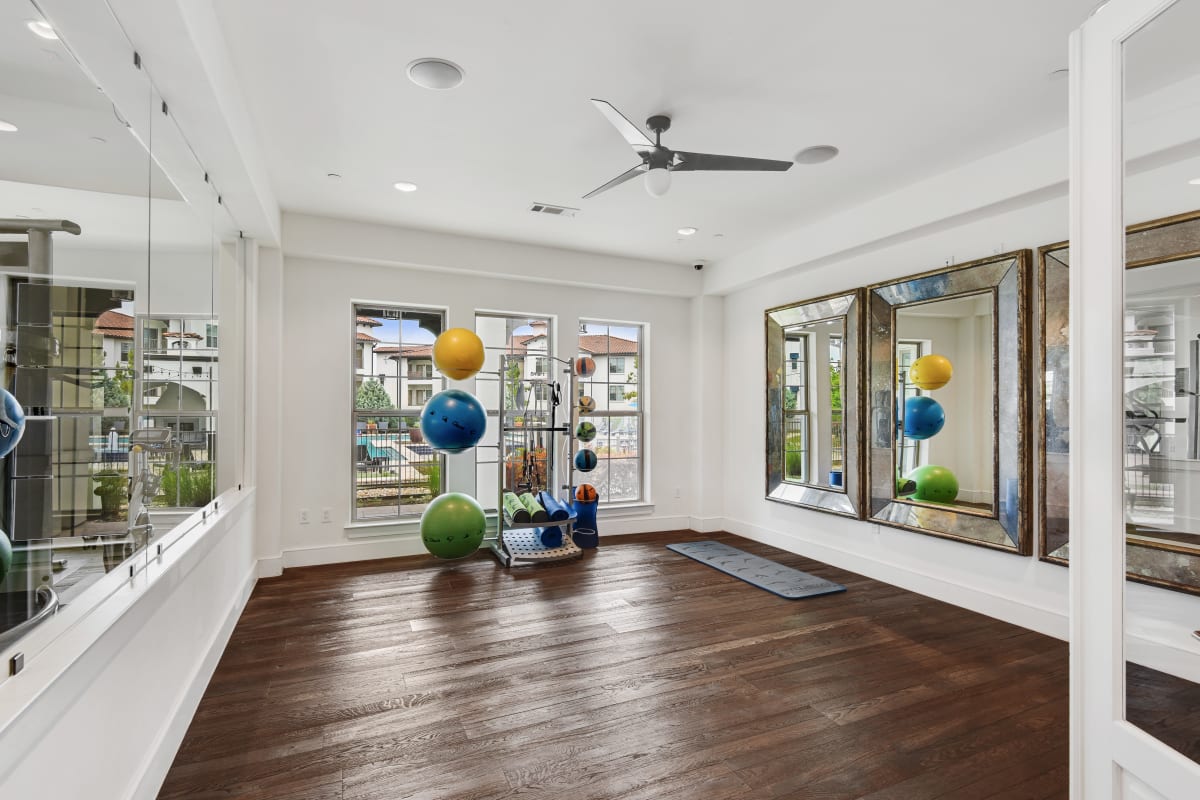 Rendering of fitness center and yoga balls at Lantower Ambrosio in Pflugerville, Texas