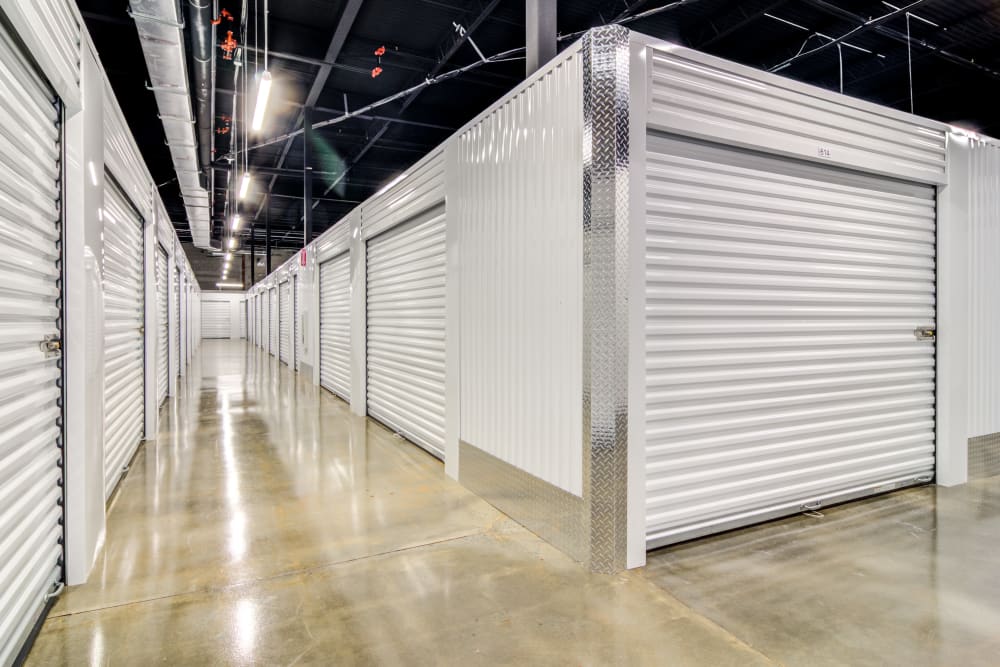 Clean well lit hallways at Metro Self Storage