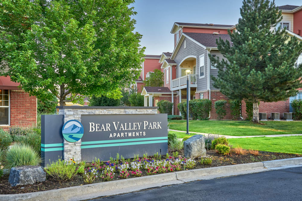The monument sign in front of Bear Valley Park in Denver, Colorado