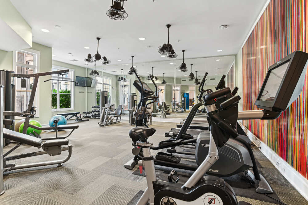 Well-equipped fitness center at Fountains at Mooresville Town Square in Mooresville, North Carolina