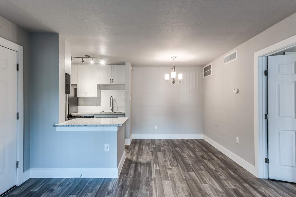 view of kitchen from living room at The Brighton in Houston, Texas