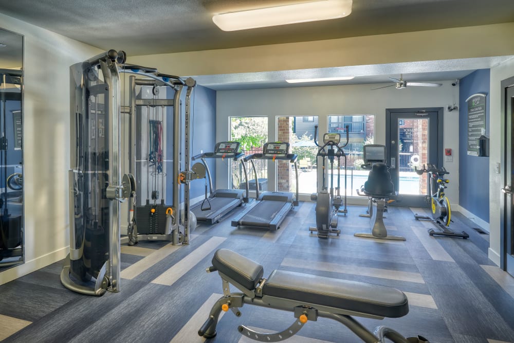 Clean, modern community gym at Arapahoe Club Apartments in Denver, Colorado