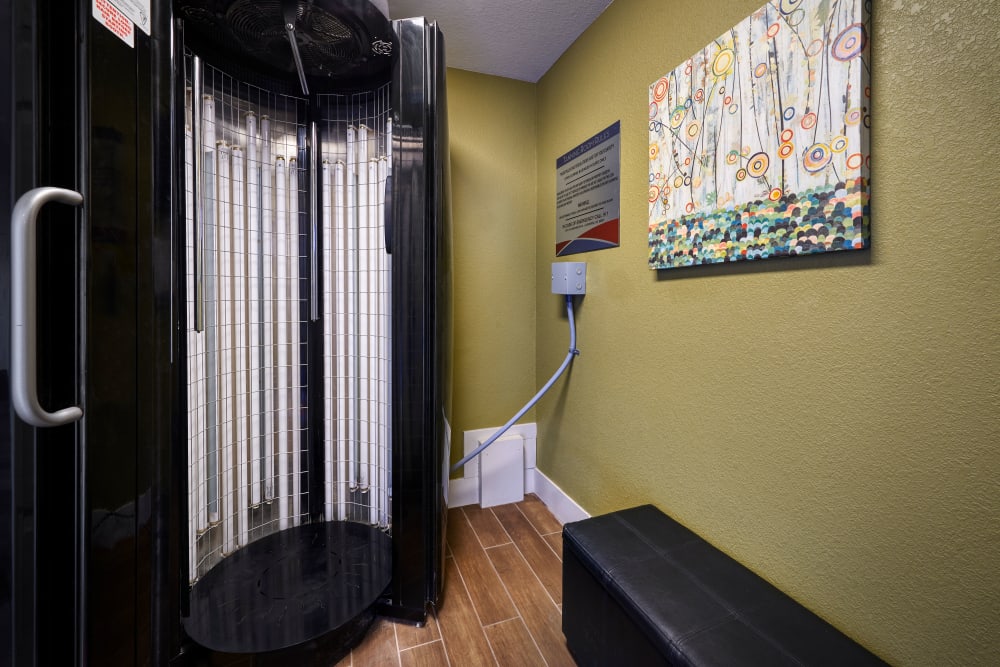 A tanning booth at The Crossings at Bear Creek Apartments in Lakewood, Colorado