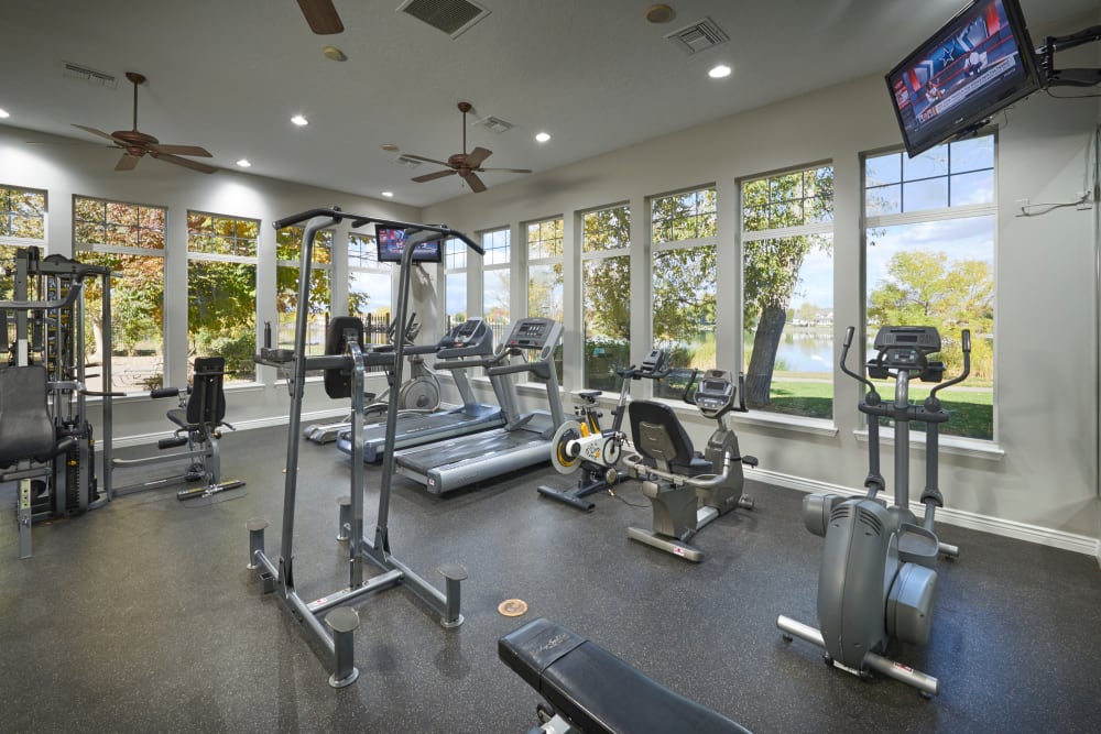 Fitness center with plenty of individual workout stations at Promenade at Hunter's Glen Apartments in Thornton, Colorado