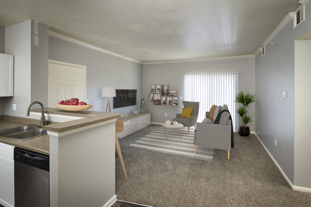 Dining room off of the kitchen looking out to the living room at Westridge Apartments in Aurora, Colorado