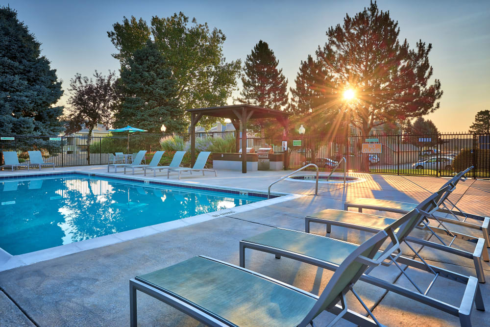 Swimming pool with a sundeck and lounge chairs at Alton Green Apartments in Denver, Colorado