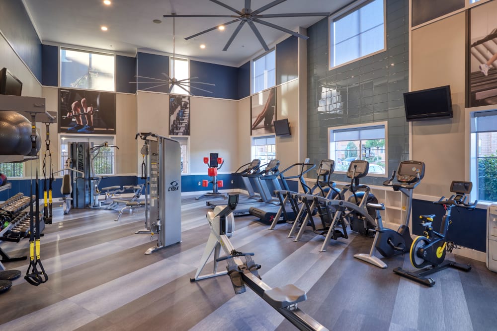 Clean, modern community gym at The Rail at Inverness in Englewood, Colorado