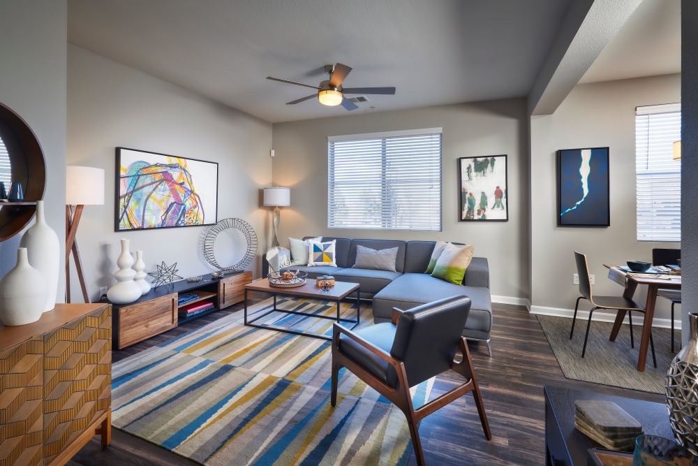 On trend living room at The Rail at Inverness in Englewood, Colorado