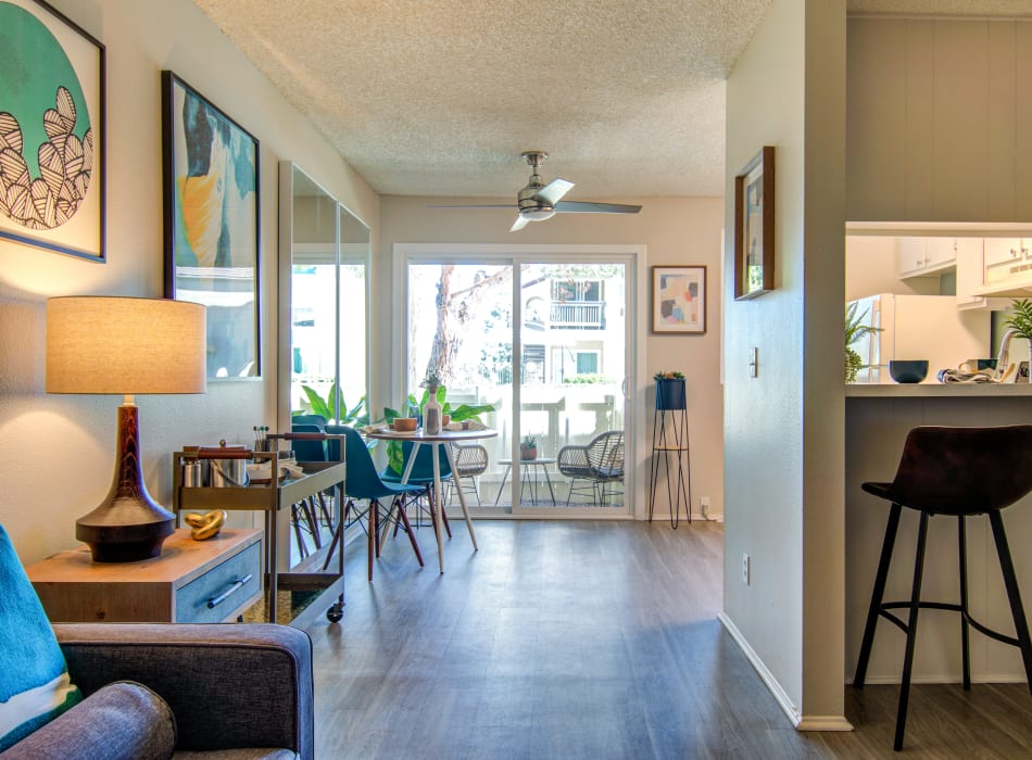 Hallway leading to the private patio from the kitchen's breakfast bar in a model home at Veranda La Mesa in La Mesa, California