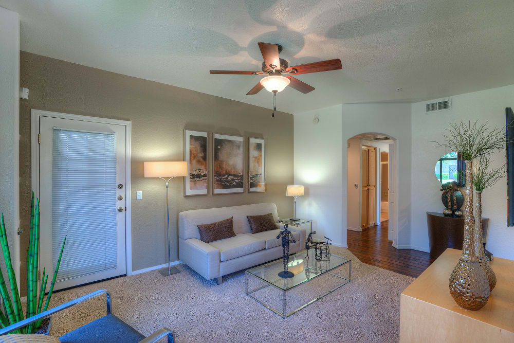 Modern decor in living area of model home at San Cervantes in Chandler, Arizona