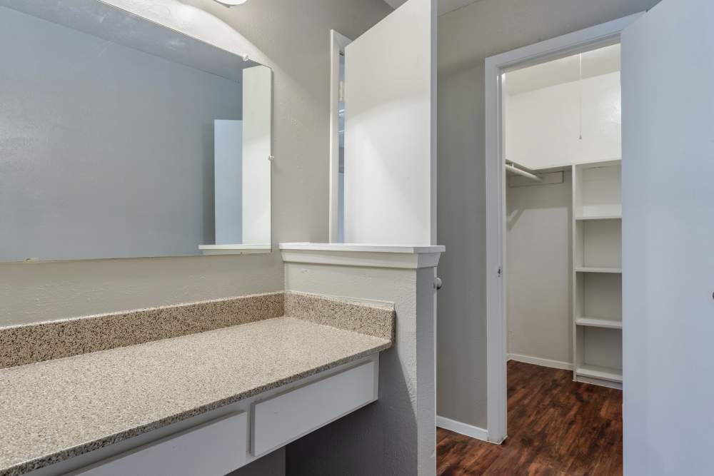Bathroom with vanity and large storage at Royal Arms in Richardson,Texas