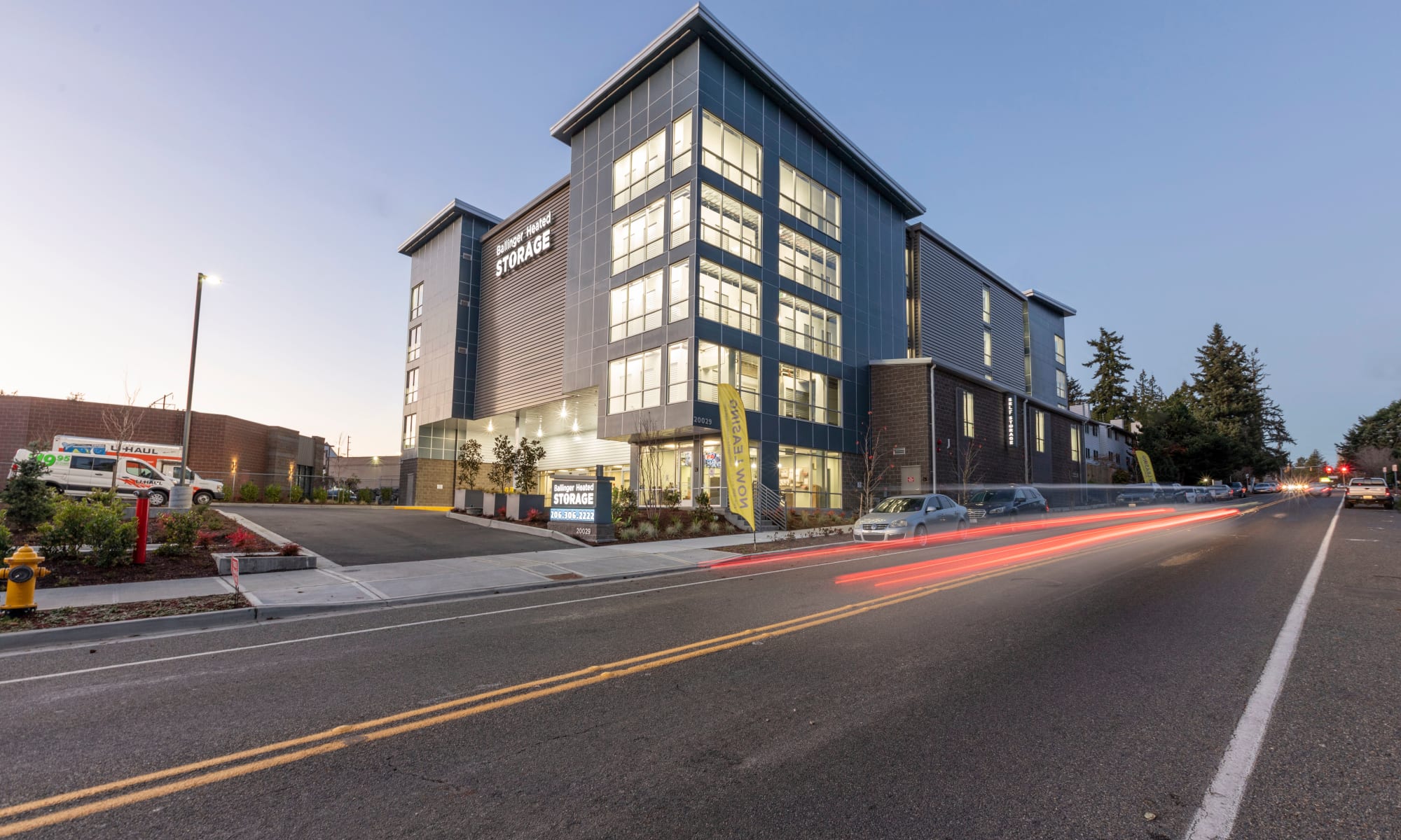 A view of Ballinger Heated Storage at dusk in Shoreline, Washington