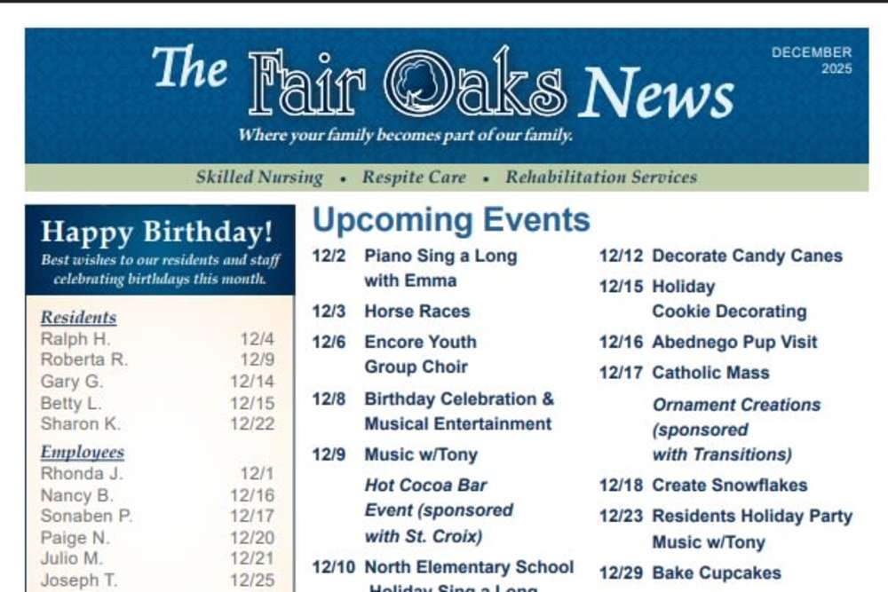 December 2025 Newsletter at Fair Oaks Health Care Center in Crystal Lake, Illinois