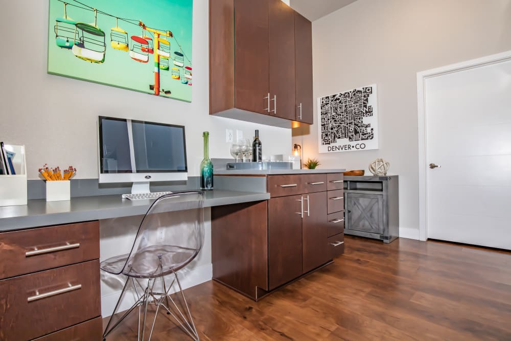 Desk area with computer at Park Place Olde Town Apartments in Arvada, Colorado