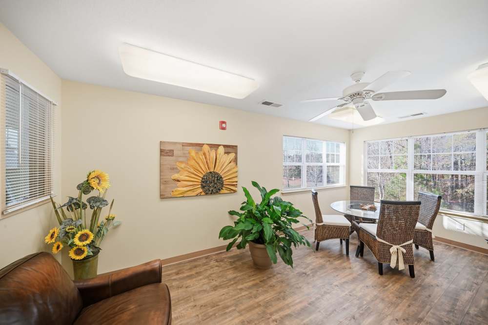 Dining area with windows at River Towne Manor in Roanoke Rapids. NC
