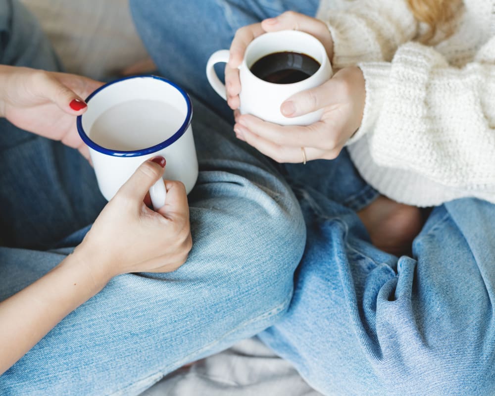 Residents chatting over coffee in their new home at Sofi Fremont in Fremont, California