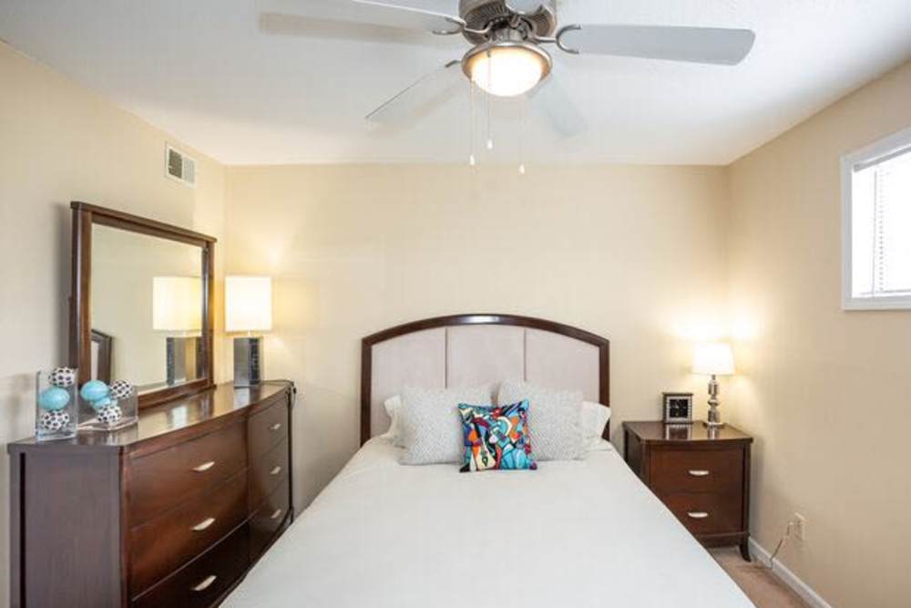 Bedroom with side lamp and window at Tiger Village in Columbia, Missouri