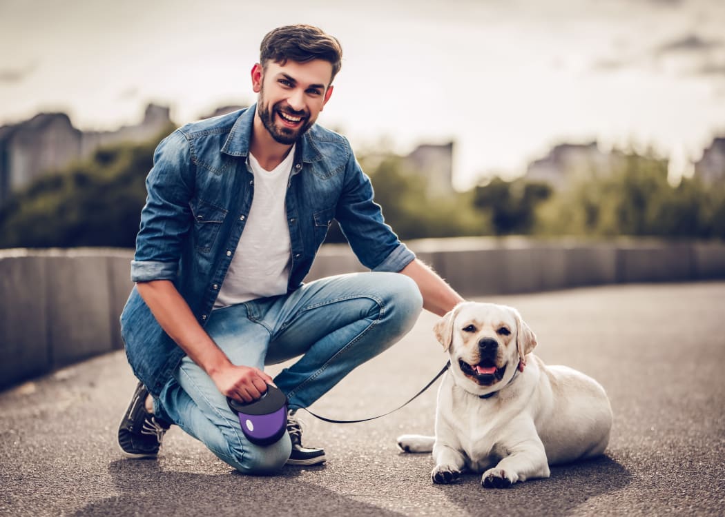 Man with his dog going for a walk near The Point at Cypress Woods Apartments