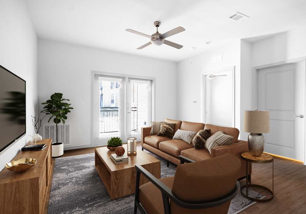 Stylish living room at Terrace at Southern Oaks in Dallas, Texas