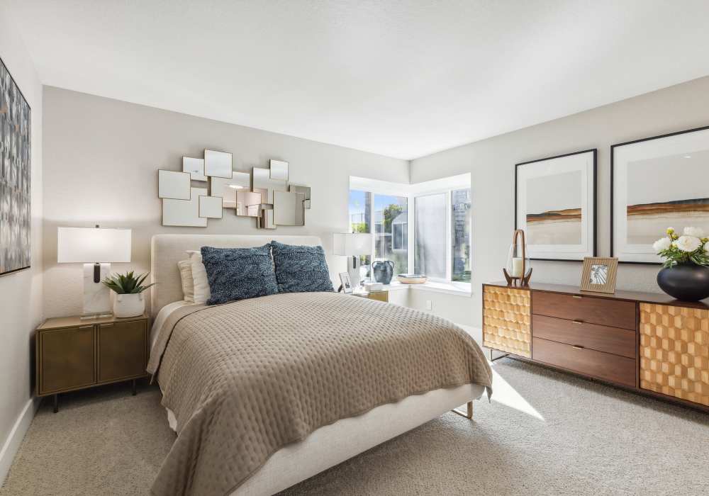 Modern bedroom in a model home at Sofi at Wood Ranch in Simi Valley, California