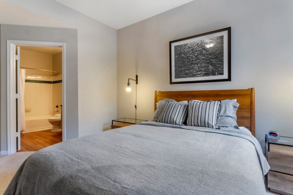 Spacious model bedroom with plush carpeting and ensuite bathroom at Regency at First Colony in Sugar Land, Texas