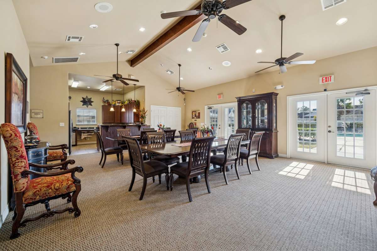 Modern clubhouse with multiple seating at Arbor Pines in Orange, Texas