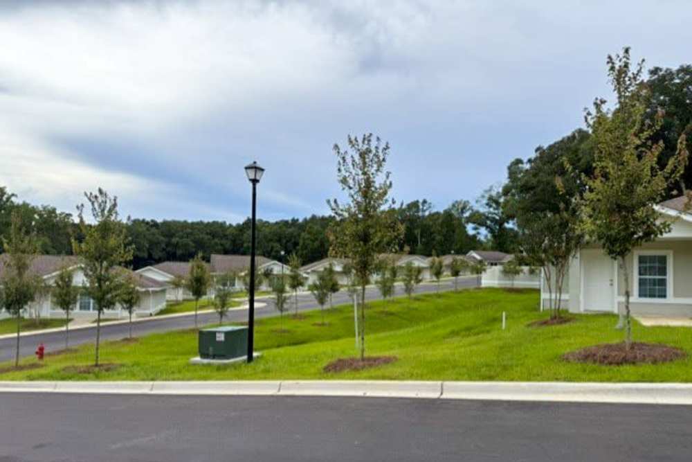 Gated community with landscaped lawns and streetlamps, featuring modern single-story apartments at Village Springs Apartments in Defuniak Springs, Florida