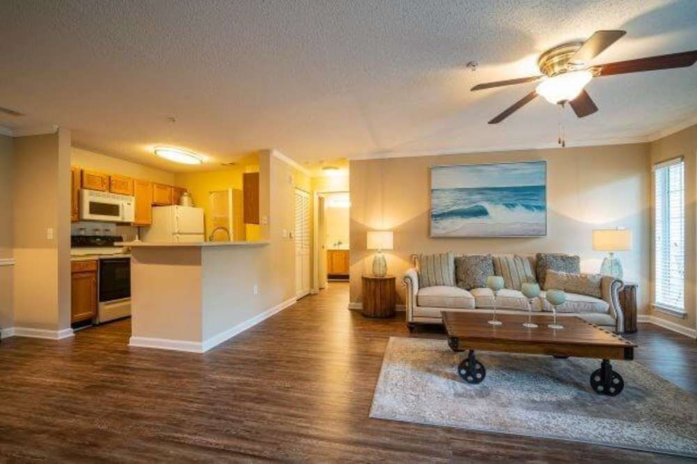 Apartment living room with open layout and natural light at Berry Shoals in Duncan, South Carolina