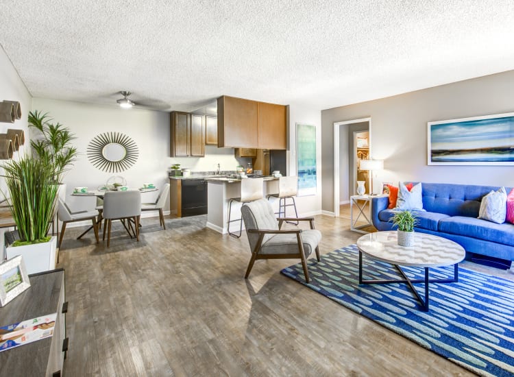 Large, well-furnished open-concept floor plan in a model home at Sofi Poway in Poway, California