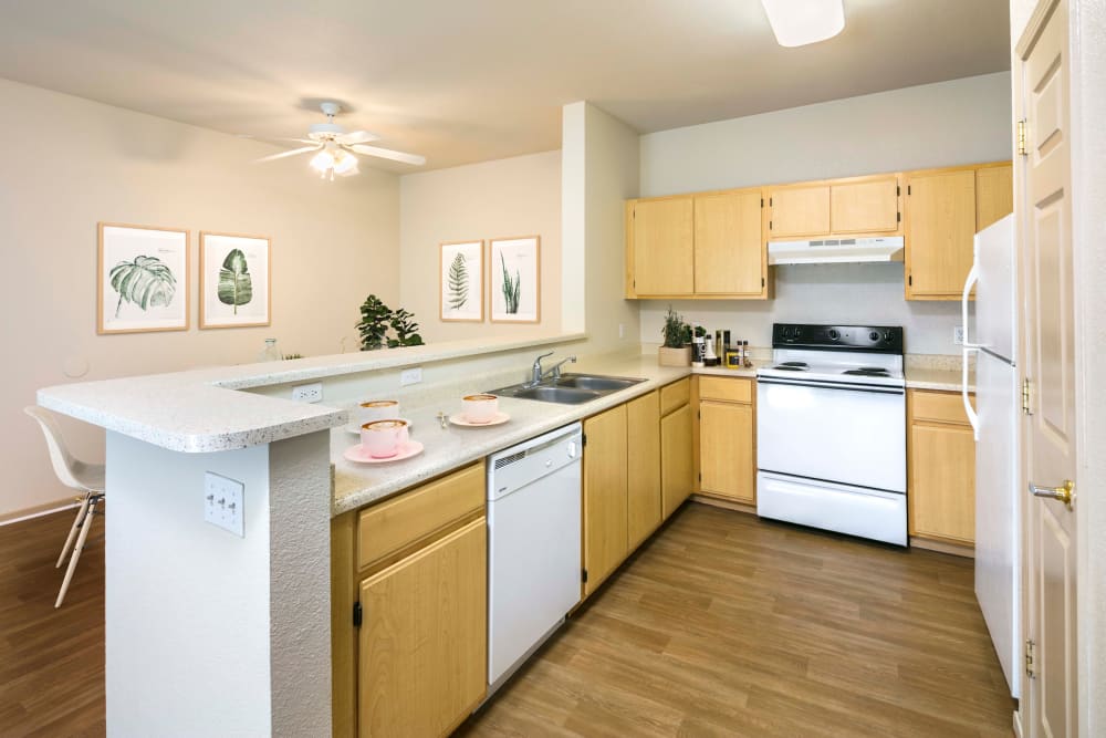 A kitchen with plenty of cabinet space at Natomas Park Apartments in Sacramento, California