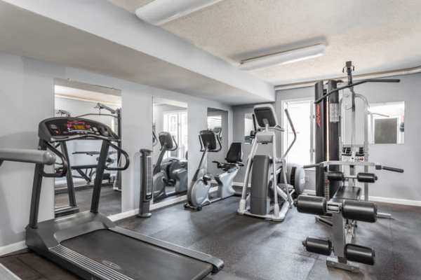 Fully equipped community fitness center at River Club in Evansville, Indiana