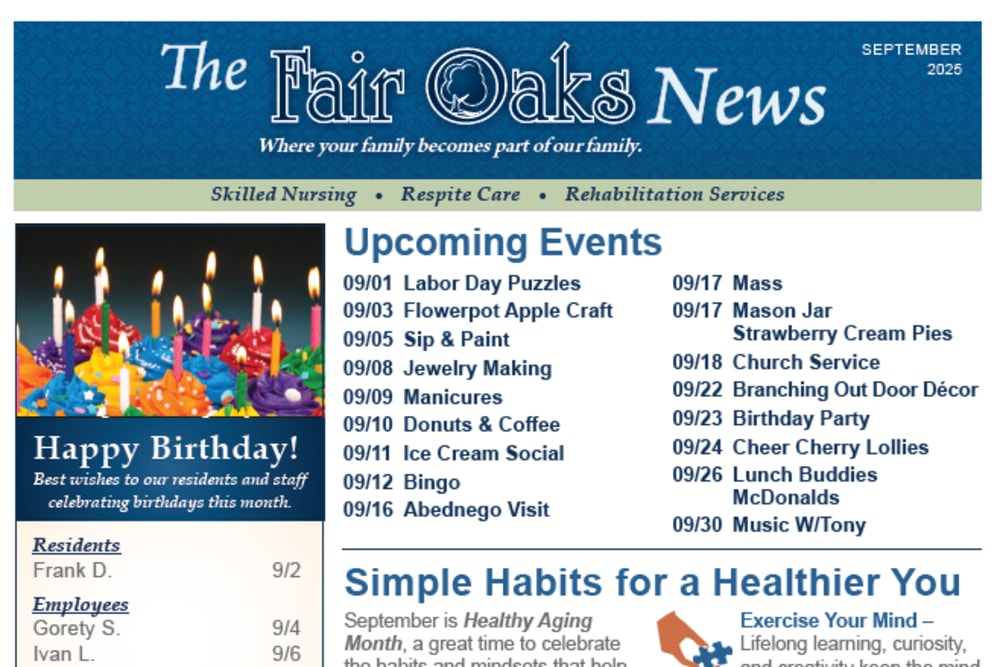 September 2025 Newsletter at Fair Oaks Health Care Center in Crystal Lake, Illinois