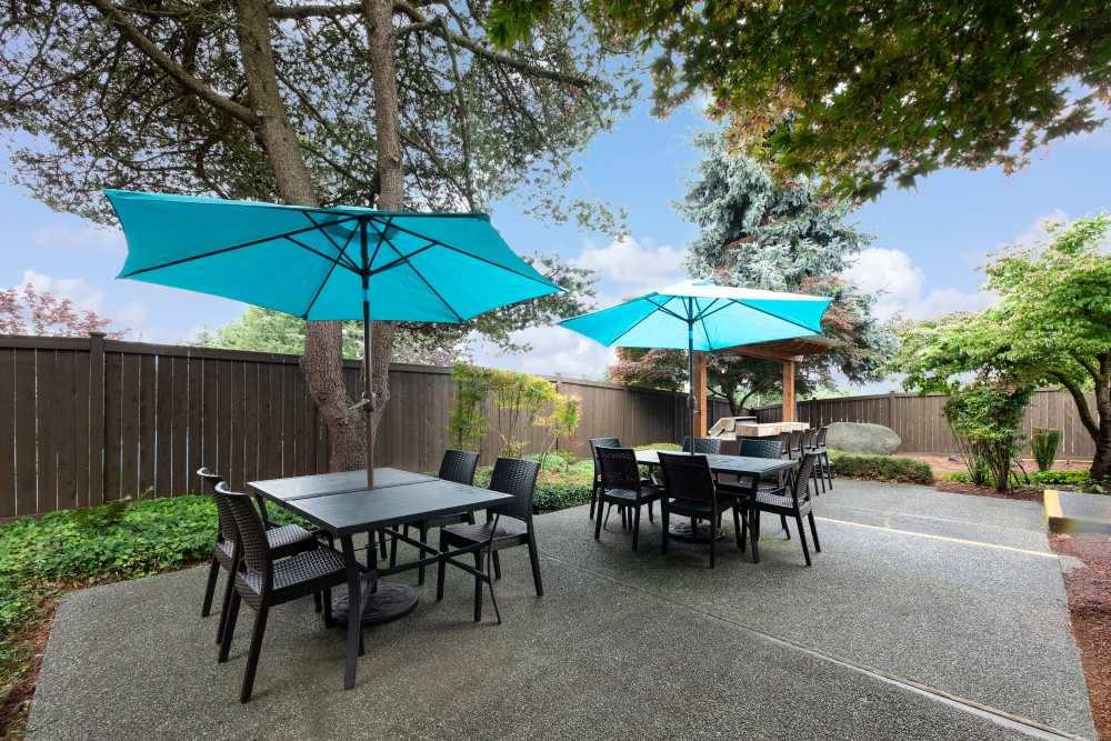 Common area courtyard with chairs and umbrellas at Latitude Apartments in Everett, Washington