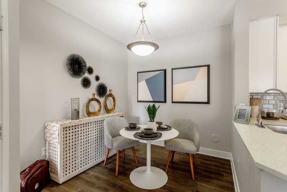 A model dining room at Altitude Westminster in Westminster, Colorado