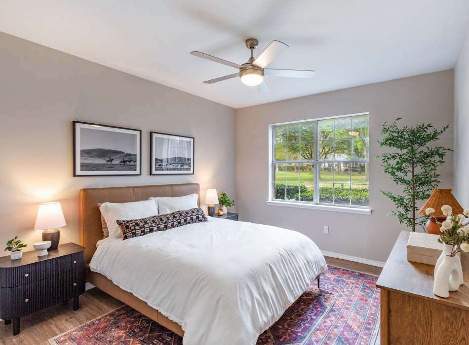 Modern bedroom at Breckinridge Point Apartments in Richardson, Texas