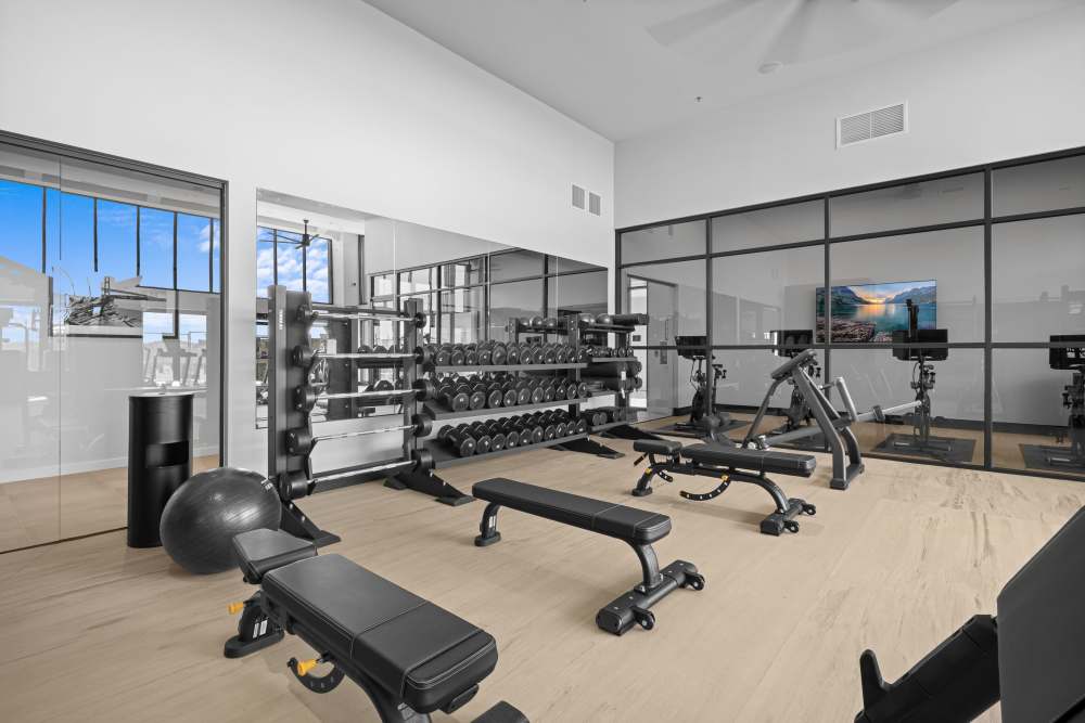 Fitness center with various equipment at The Highlands at Silverdale in Silverdale, Washington