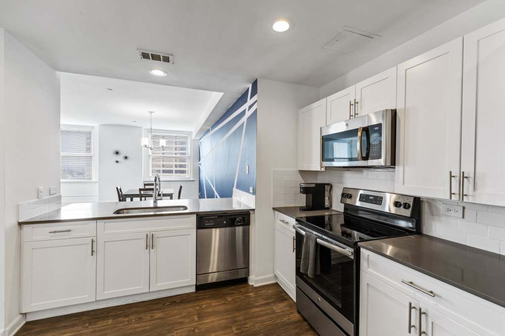 Kitchen with stainless-steel appliances at Historic Electric Building in Fort Worth, Texas