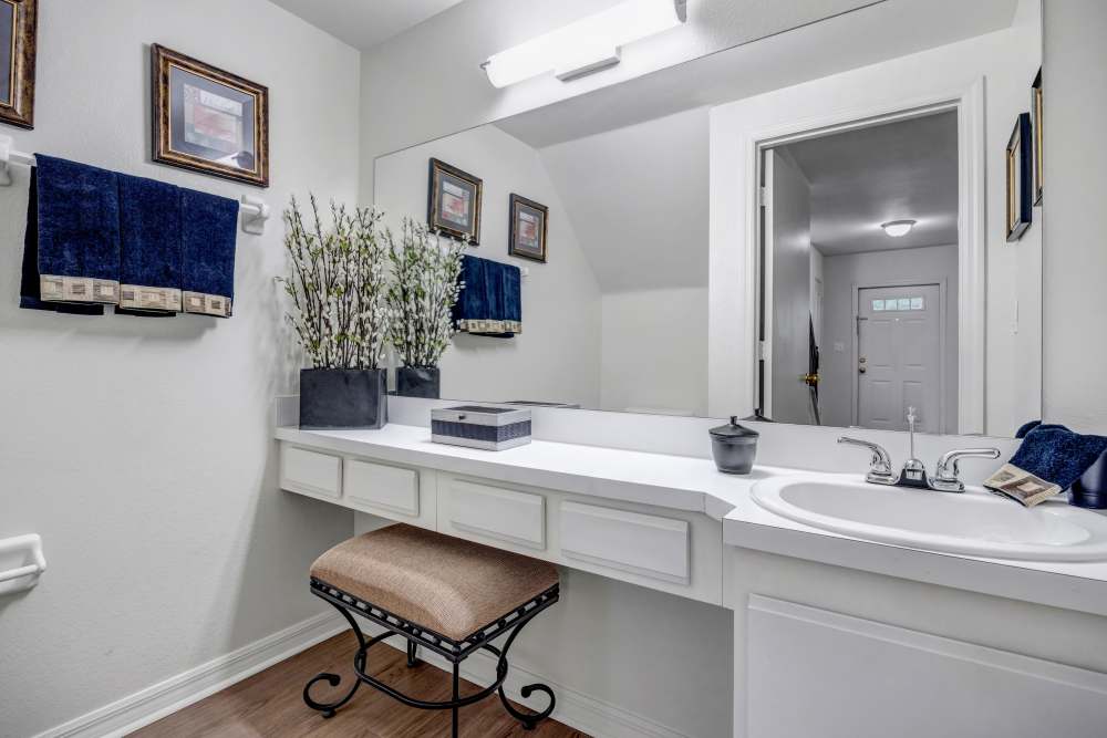 Bright bathroom featuring a white vanity, wood-style flooring, and decorative towels at Carlton Arms Of Winter Haven in Winter Haven, Florida