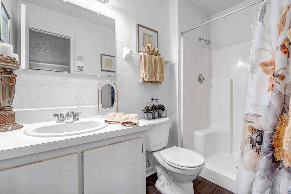Bathroom with mirror, sink, commode, shower and wood-style flooring at Lake Carlton Arms in Lutz, Florida