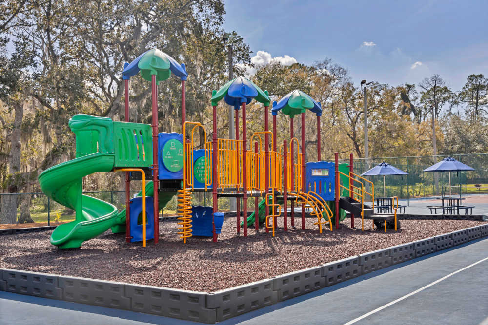 Colorful playground equipment with slides, surrounded by shaded picnic tables and trees in a spacious outdoor area at Carlton Arms North in Tampa, Florida